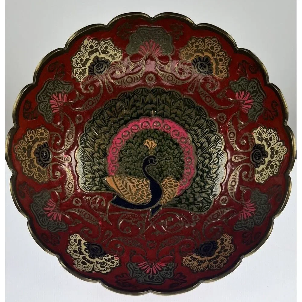 Vintage Enesco Imports Enameled Solid Brass Peacock‎ Bowl Made in India (8c7)